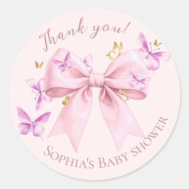 Butterfly Pink Bow Baby Shower  Classic Round Sticker (Front)