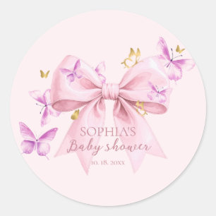 Butterfly Pink Bow Baby Shower  Classic Round Sticker