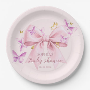 Butterfly Pink Bow Baby Shower Paper Plate