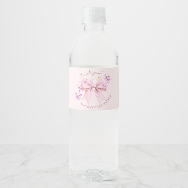 Butterfly Pink Bow Baby Shower Water Bottle Label (Front)