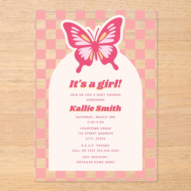 Butterfly Pink Chequerboard Girl Baby Shower Acrylic Invitations (Front)