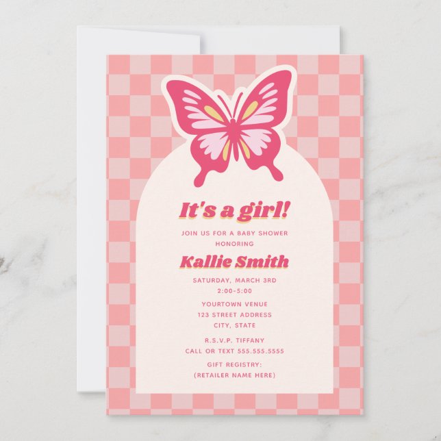 Butterfly Pink Chequerboard Girl Baby Shower Invitation (Front)