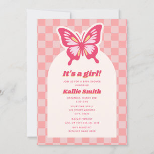 Butterfly Pink Chequerboard Girl Baby Shower Invitation