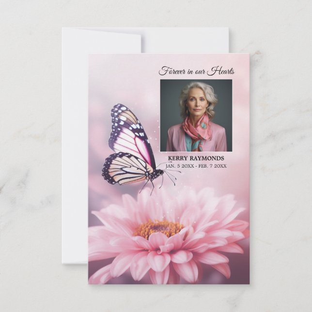 Butterfly Pink Daisy Flower Funeral PROGRAM Photo Thank You Card (Front)