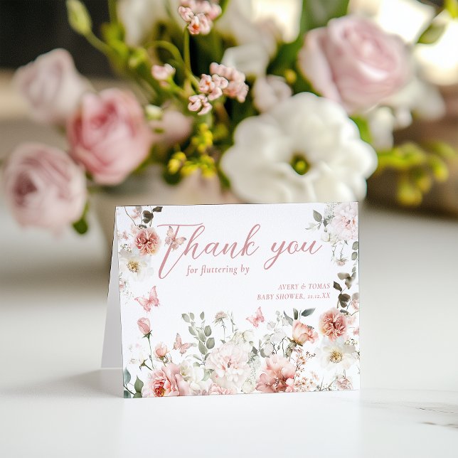 Butterfly Pink Floral Baby Shower fluttering by Thank You Card (Creator Uploaded)