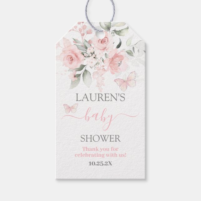 Butterfly Pink floral Baby Shower Gift Tag (Front)