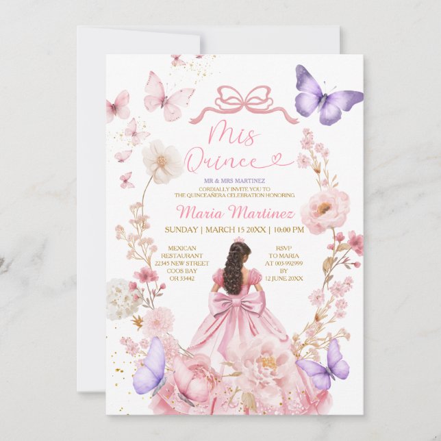 Butterfly Pink Floral XV Princess Dress Elegant Invitation (Front)