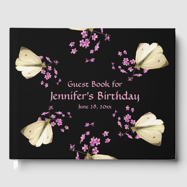 Butterfly Pink Flowers Birthday Party Guest Book (Front)