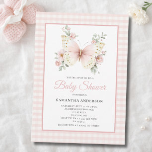 Butterfly Pink Gingham Floral Girl Baby Shower  Invitation