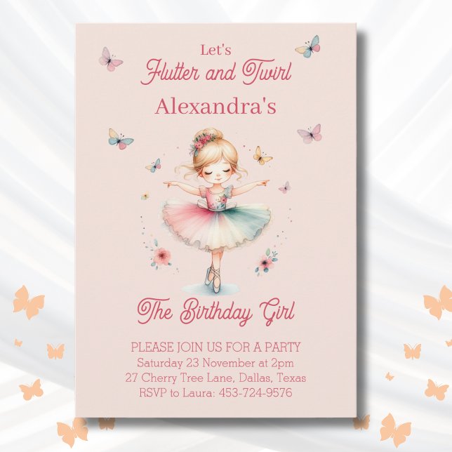 Butterfly Pink Girl Ballerina Birthday Party Invitation (Creator Uploaded)