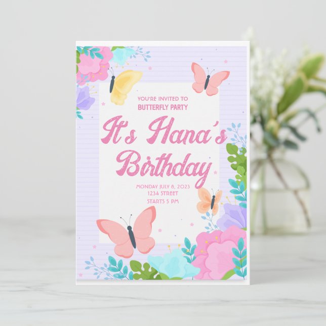 Butterfly Pink Girls Birthday Party  Invitation (Standing Front)