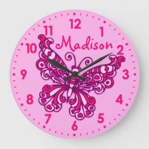 Butterfly pink girls room name wall clock