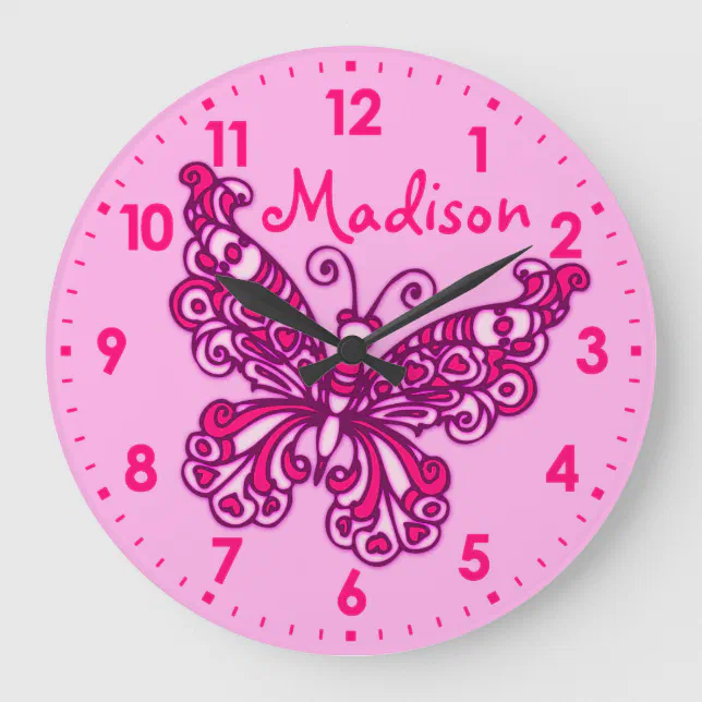 Butterfly pink girls room name wall clock | Zazzle