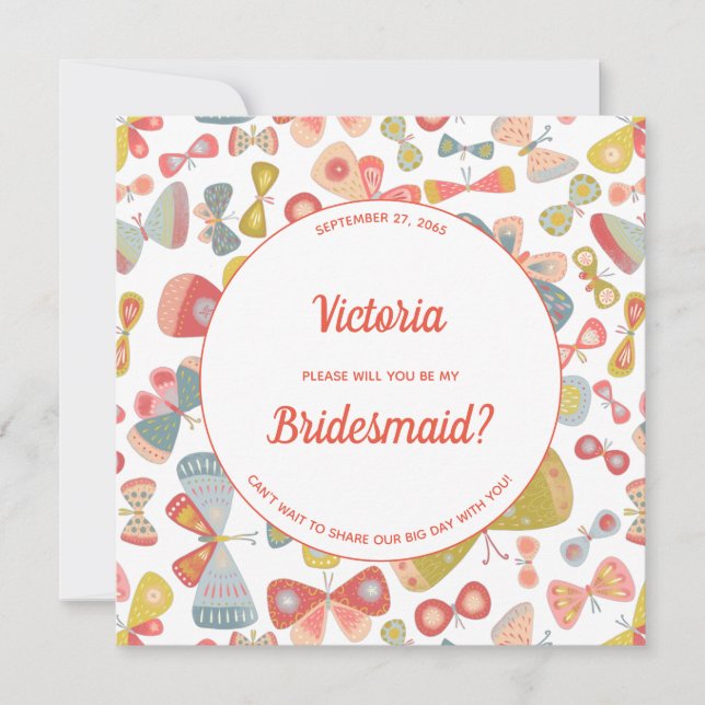 Butterfly Pink Green Be My Bridesmaid Invitation (Front)