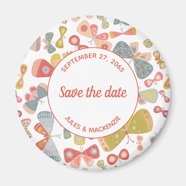 Butterfly Pink Green Save the Date Magnet (Front)