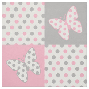 Butterfly Pink Grey Polka Dots Fabric