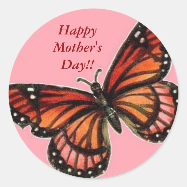butterfly pink, Happy Mother's Day!! Classic Round Sticker (Front)