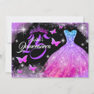 Butterfly Pink Purple Blue Dress Quinceanera Invitation