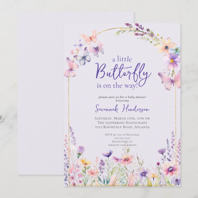 Butterfly Pink Purple Floral Baby Shower Invitation (Front/Back)