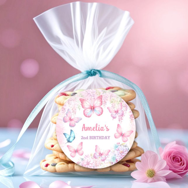 Butterfly Pink Purple Floral Summer Girl Birthday Classic Round Sticker (Butterfly Pink Purple Floral Summer Girl Birthday Classic Round Sticker)