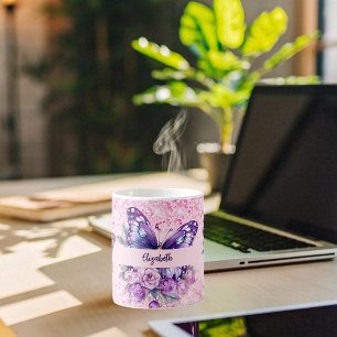 Butterfly pink purple flowers coffee mug