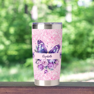 Butterfly pink purple flowers insulated tumbler