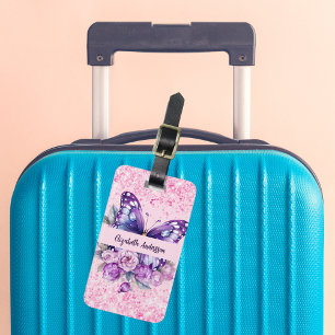 Butterfly pink purple flowers luggage tag