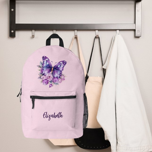 Butterfly pink purple flowers printed backpack (Creator Uploaded)