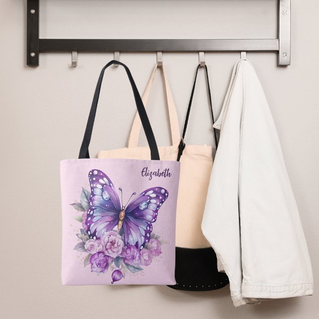 Butterfly pink purple flowers tote bag (Creator Uploaded)