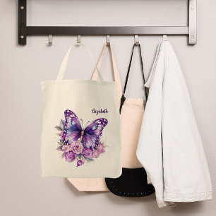 Butterfly pink purple flowers tote bag