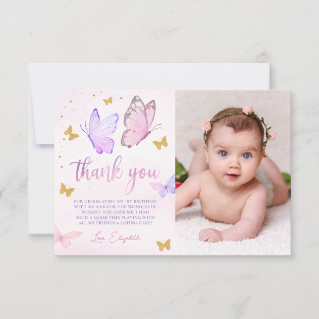Butterfly Pink Purple Gold Girl 1st Birthday Photo Thank You Card (Front)