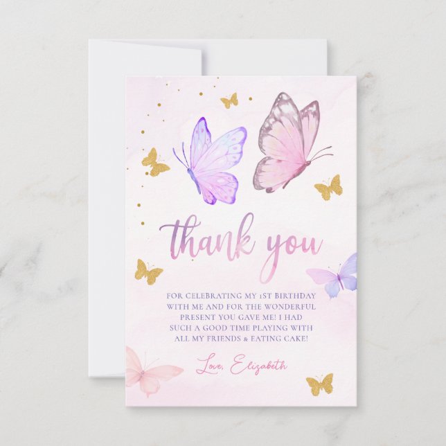 Butterfly Pink Purple Gold Girl Birthday Party Thank You Card (Front)