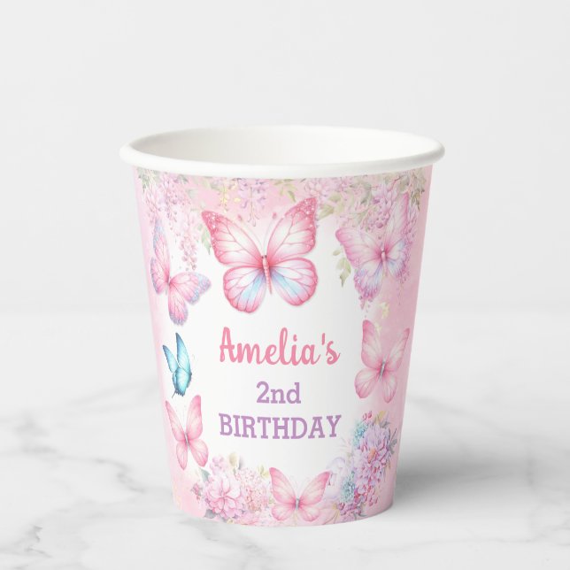 Butterfly Pink Purple Pastel Summer Girl Birthday Paper Cups (Front)