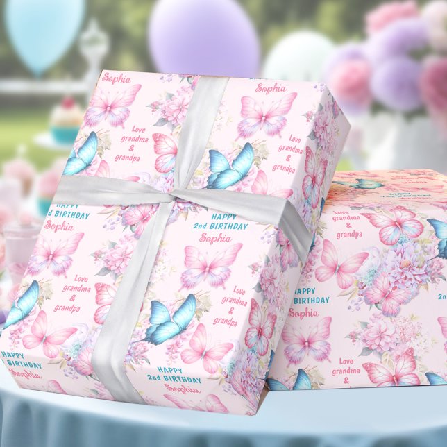 Butterfly Pink Purple Summer Birthday Girl Name Wrapping Paper (Butterfly Pink Purple Summer Birthday Girl Name Wrapping Paper)