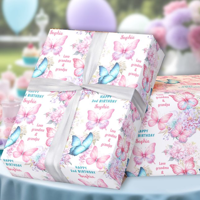 Butterfly Pink Purple Summer Birthday Name Text Wrapping Paper (Butterfly Pink Purple Summer Birthday Name Text Wrapping Paper)