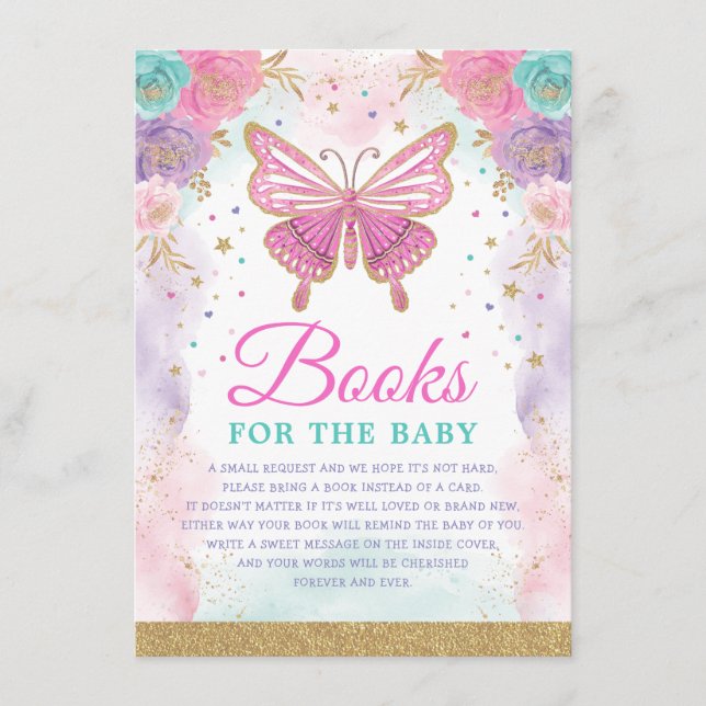 Butterfly Pink Purple Teal Floral Books for Baby Enclosure Card (Front)