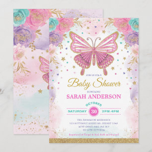 Butterfly Pink Purple Teal Rainbow Baby Shower Invitation