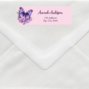 Butterfly pink purple wedding return address