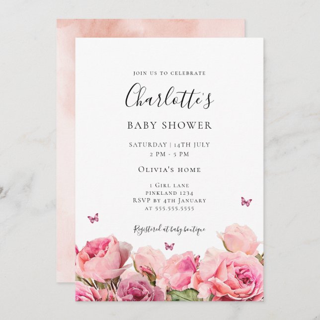 Butterfly Pink Rose Girl Baby Shower Invitation (Front/Back)