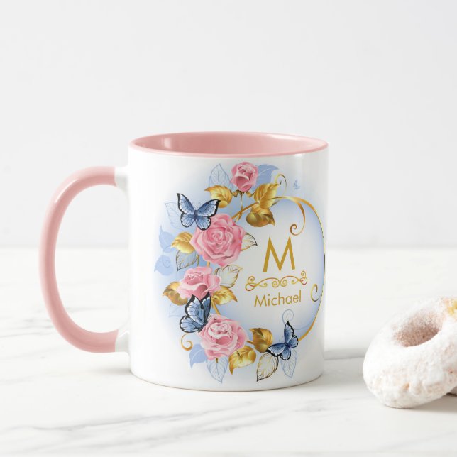 Butterfly & Pink Rose Monogram I Gold Initial Mug (With Donut)