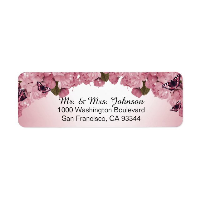 Butterfly Pink Roses Wedding Return Address (Front)