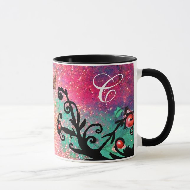 BUTTERFLY PINK SPARKLES, BLACK FLORAL MONOGRAM, MUG (Right)