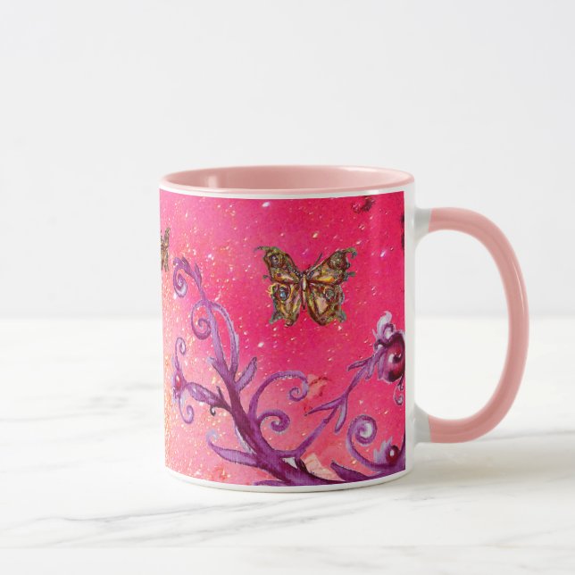BUTTERFLY PINK SPARKLES, FUCHSIA PURPLE FLORAL MUG (Right)