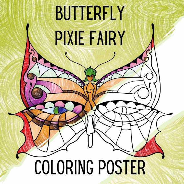 Butterfly Pixie Fairy - Cute Adult Colouring Poste Poster (Butterfly Pixie Fairy Coloring Poster hand illustrated by Suzy LeeLo. A Unique & Large Coloring Page)