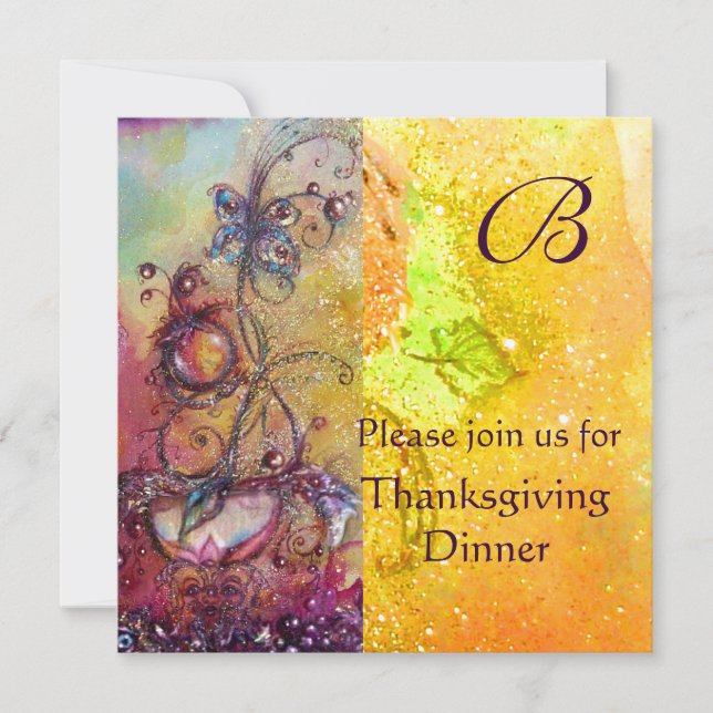 BUTTERFLY PLANT MONOGRAM Thanksgiving Dinner Felt Invitation (Front)