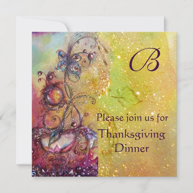 BUTTERFLY PLANT MONOGRAM Thanksgiving Dinner Gold Invitation (Front)