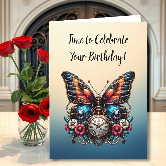 Butterfly Pocket Watch and Flowers Birthday Card (Creator Uploaded)