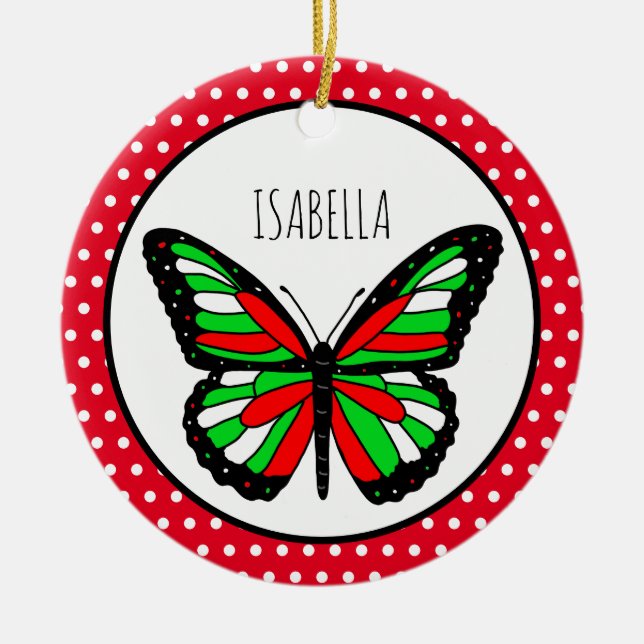 Butterfly Polka Dot Personalised Christmas Ceramic Tree Decoration (Front)