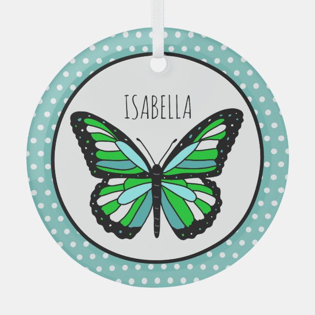 Butterfly Polka Dot Personalised Christmas Glass Tree Decoration (Front)