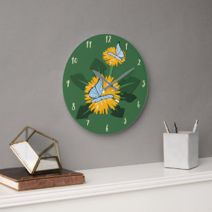 Butterfly Pollinating Yellow Dandelion Wildflower Large Clock